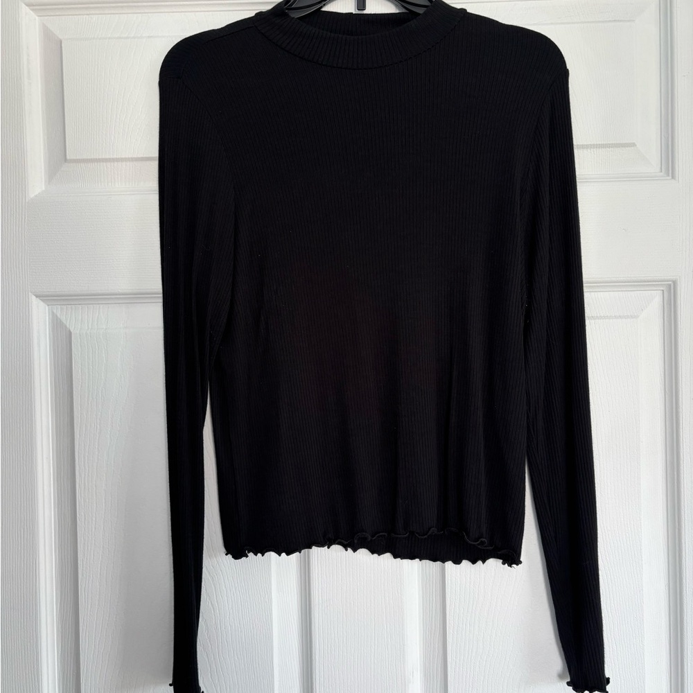 American Eagle Black Ribbed Long-Sleeve Mock Neck Top